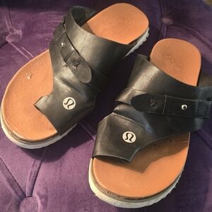 lululemon athletica Black Leather Slide Sandals with Tan Footbed